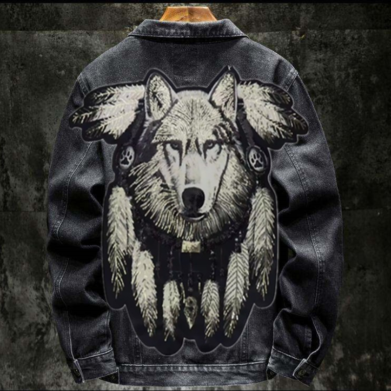 Mens Fashion Denim Jacket - 아메리칸 빈티지 헤비 울프 자수 패치