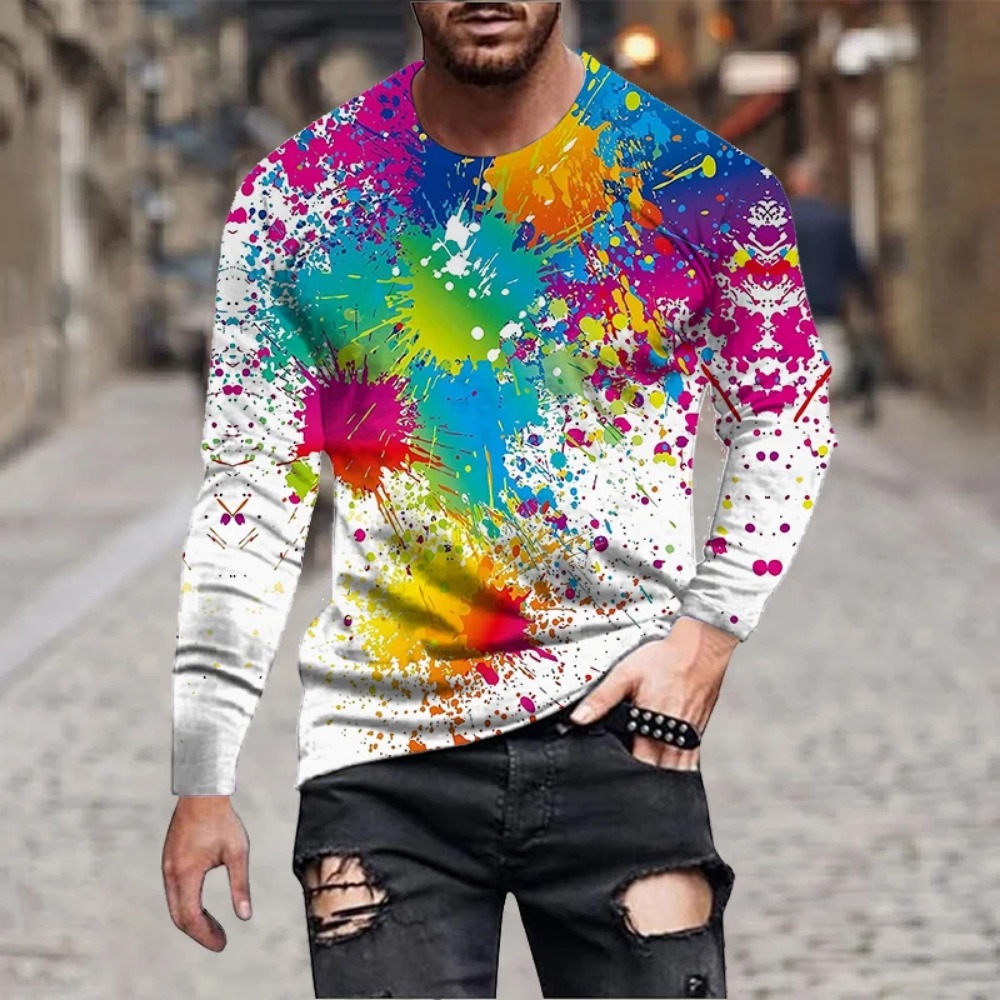 남성용 레인보우 페인트 스플래시 3D 프린트 긴팔 티셔 - Men'S Fashion T Shirts 리뷰 및 가격