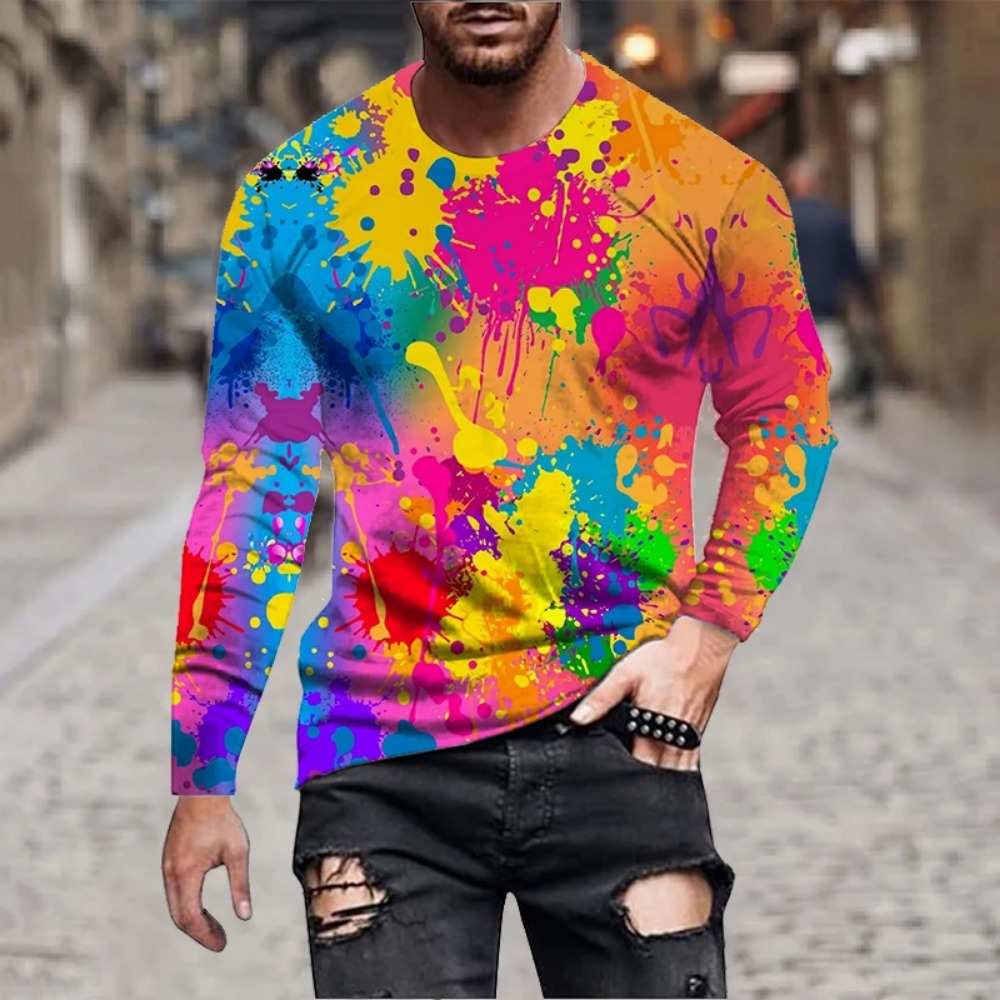 남성용 레인보우 페인트 스플래시 3D 프린트 긴팔 티셔 - Men'S Fashion T Shirts 리뷰 및 가격