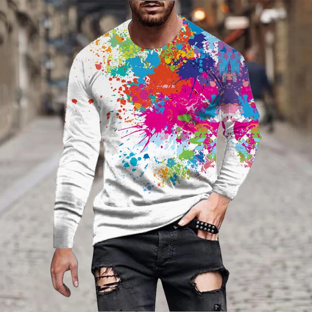 남성용 레인보우 페인트 스플래시 3D 프린트 긴팔 티셔 - Men'S Fashion T Shirts 리뷰 및 가격
