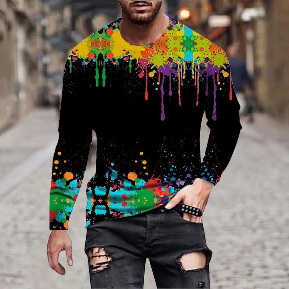 남성용 레인보우 페인트 스플래시 3D 프린트 긴팔 티셔 - Men'S Fashion T Shirts 리뷰 및 가격